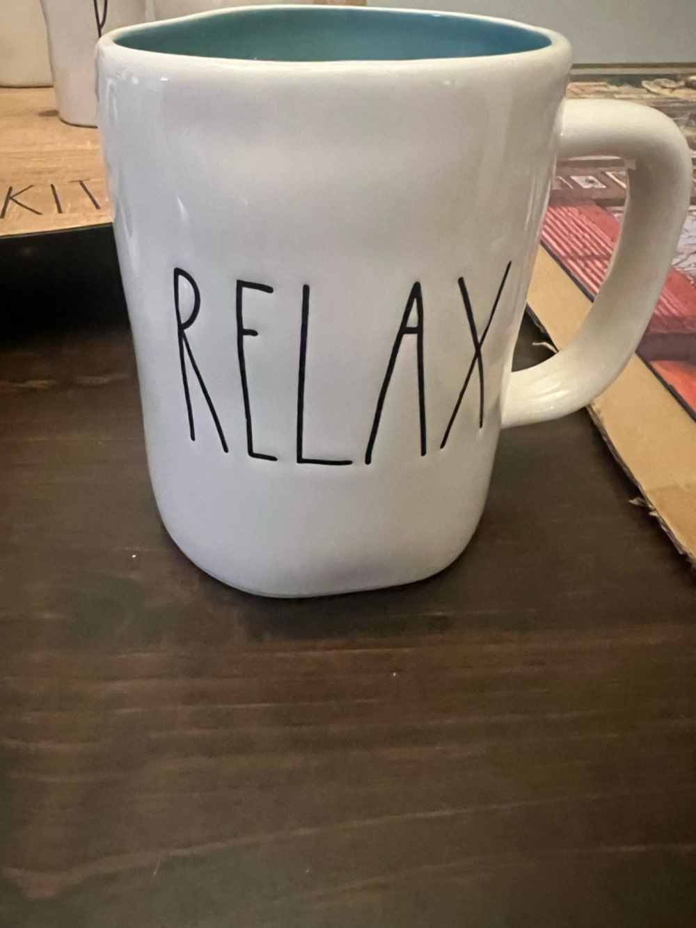 Rae Dunn Relax Ceramic Coffee Mug - White with Blue Interior